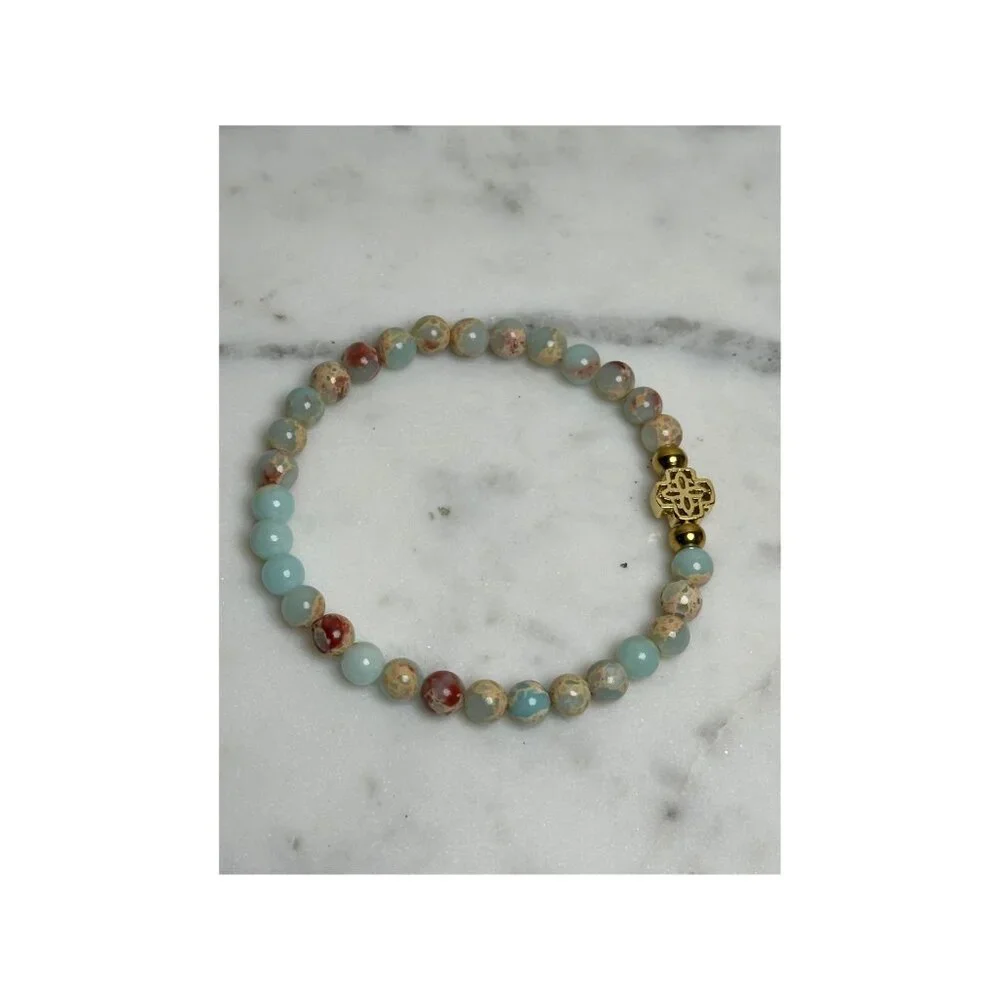 Handmade Aqua Terra Jasper Beaded Stretch Bracelet with Gold-Plated Cross Charm